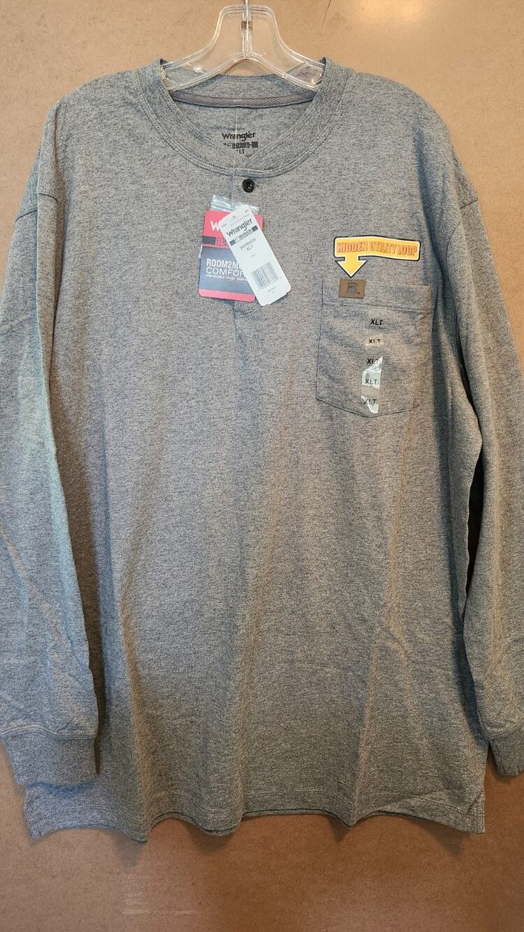 NWT Wrangler RIGGS Workwear Henley Shirt Mens XLT Gray Long Sleeve Pocket #638